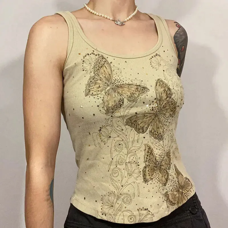 Girlary Y2K Butterfly Vest Lediamond Vintage Skin Knit mini vest for women O collar sleeveless cute Harajuku undershirt chic