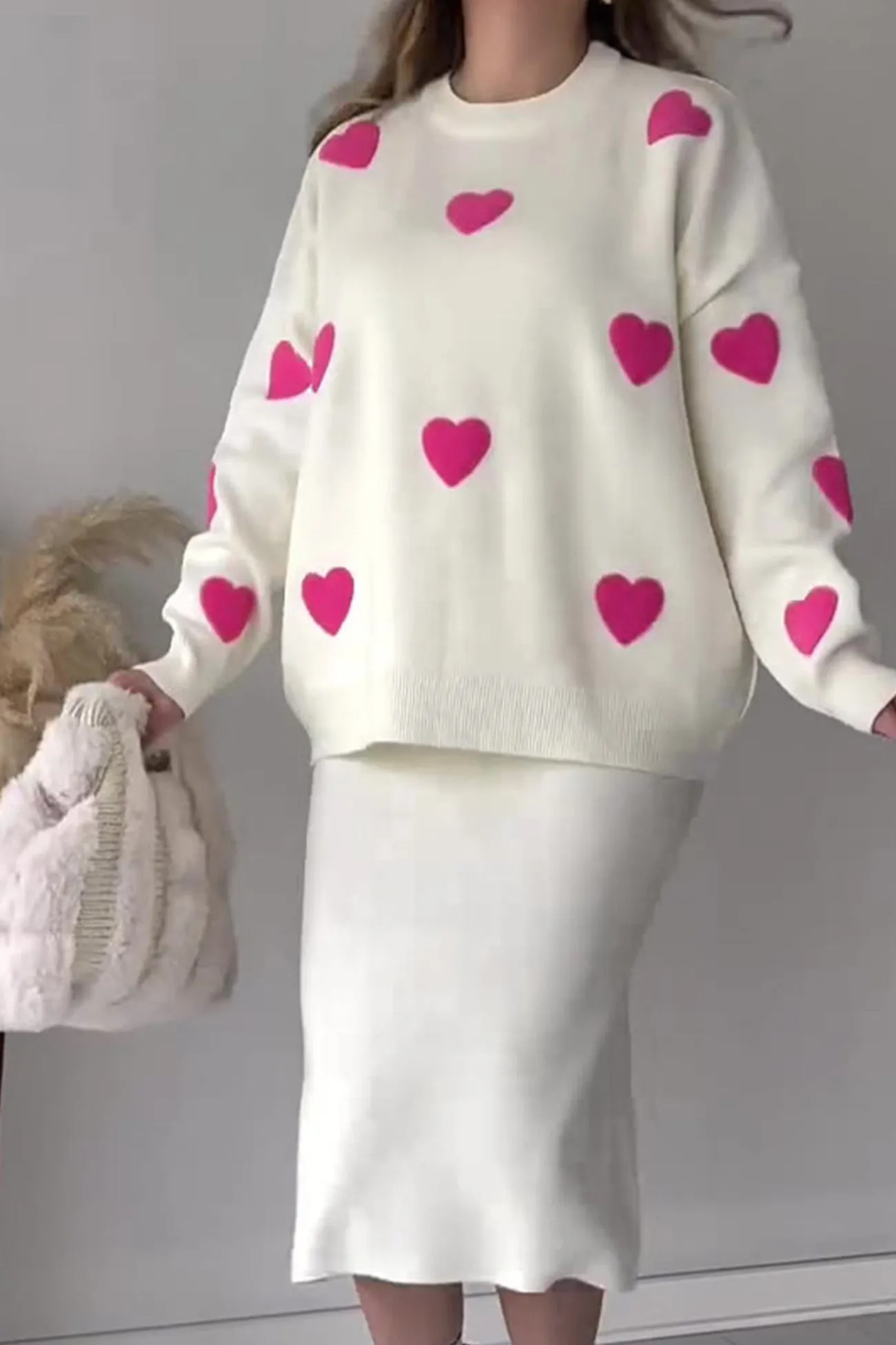 Heart Graphic Sweater Midi Skirt Knit Suits