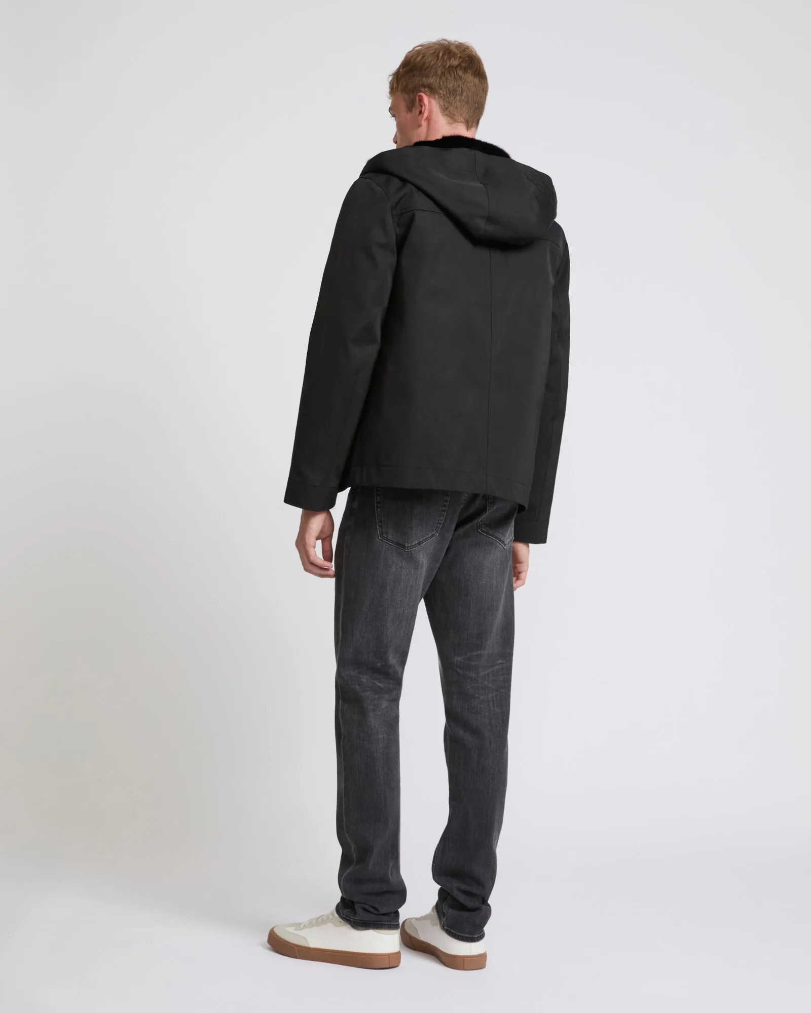 Hooded jacket in technical gabardine and mink fur