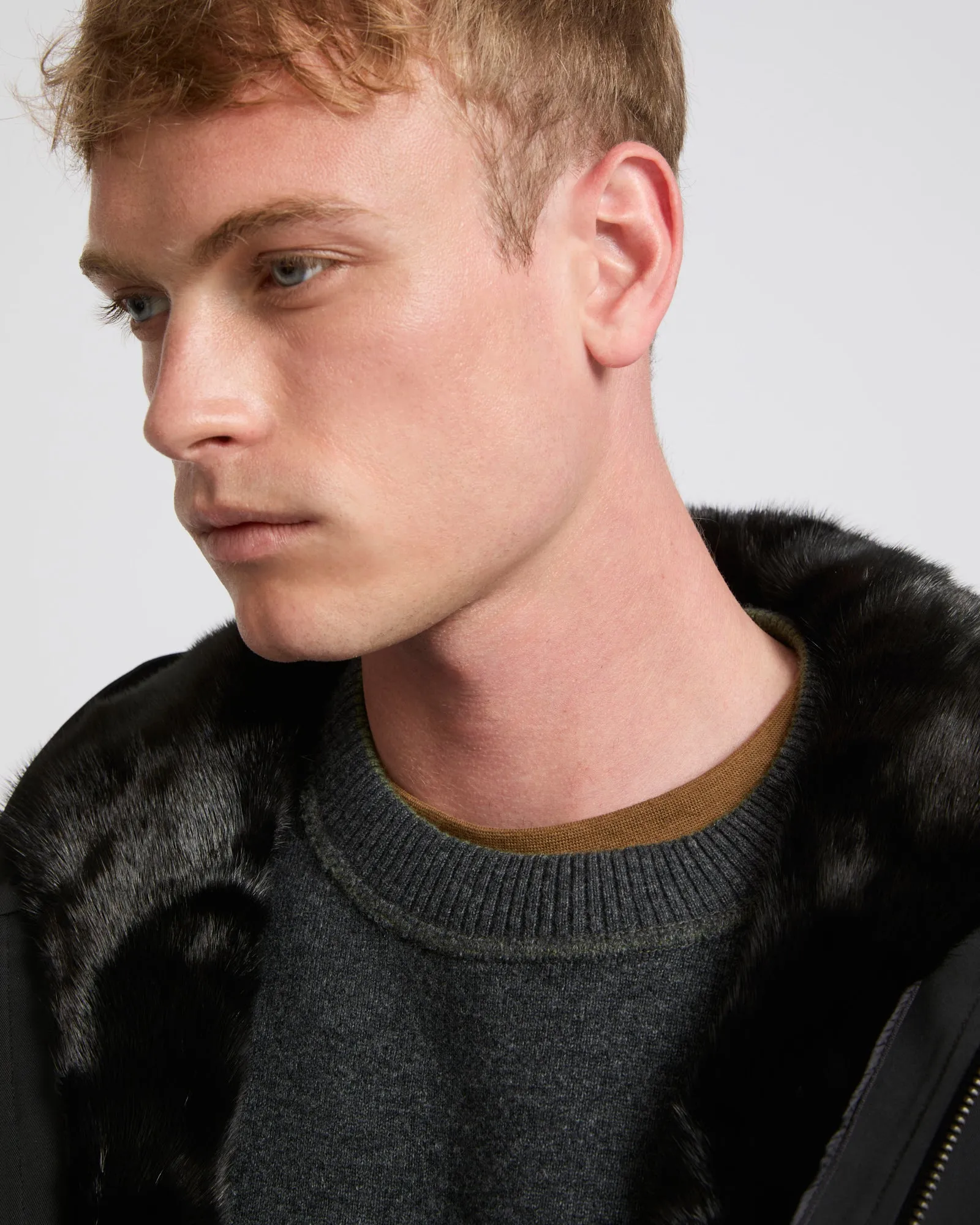 Hooded jacket in technical gabardine and mink fur