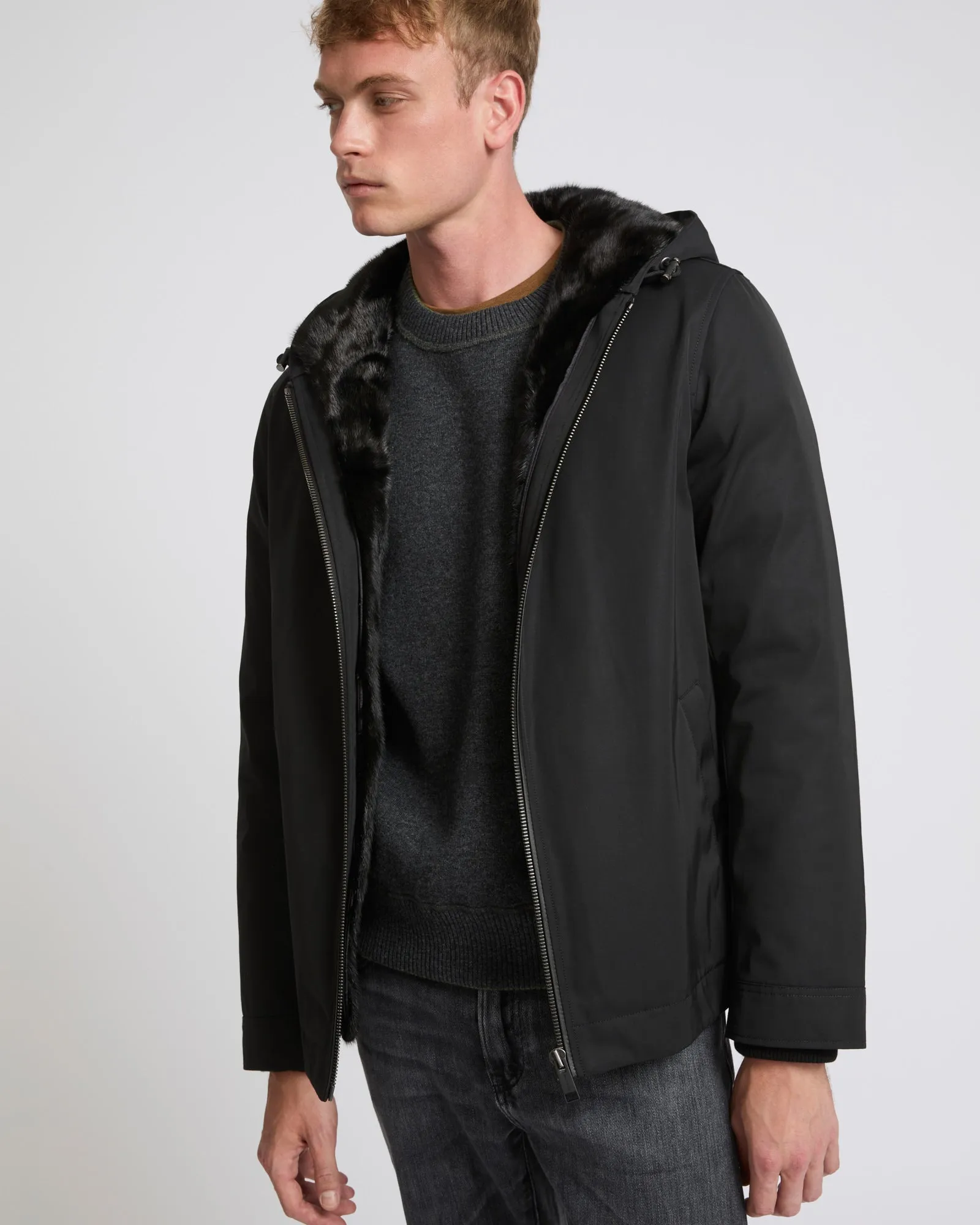 Hooded jacket in technical gabardine and mink fur