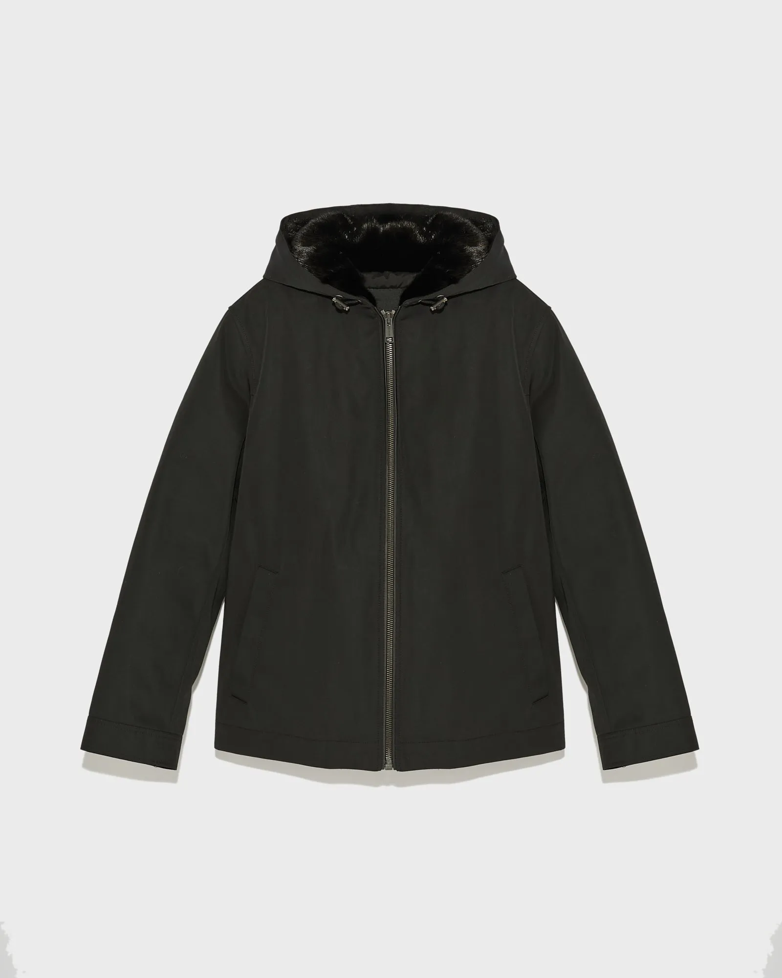 Hooded jacket in technical gabardine and mink fur