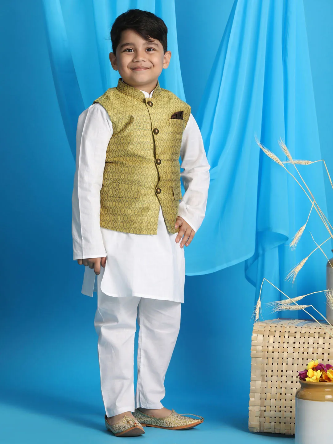 Jashvi Boys Yellow Woven Design Nehru Jacket With White Kurta And Pyjama Set