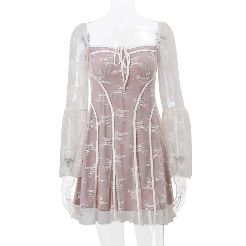Lace Women Autumn Mini 2024 Club Pleated Sleeve Flare Party Lace Ruffle Up Sexy Mesh Dress Dress
