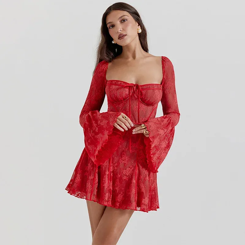 Lace Women Autumn Mini 2024 Club Pleated Sleeve Flare Party Lace Ruffle Up Sexy Mesh Dress Dress