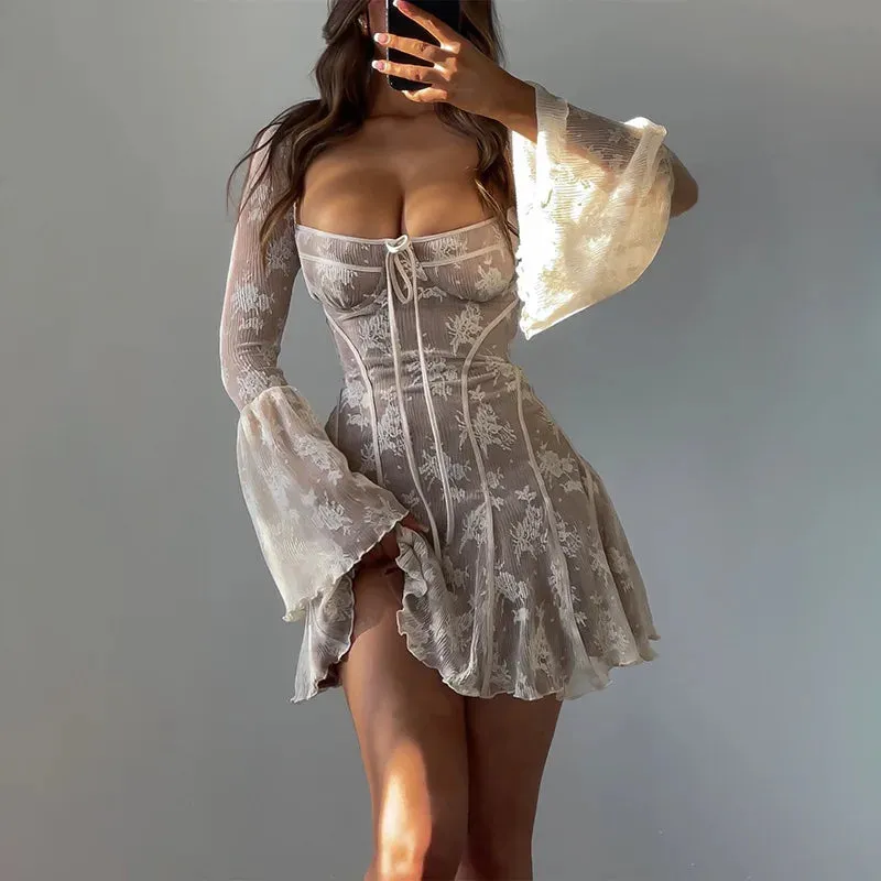 Lace Women Autumn Mini 2024 Club Pleated Sleeve Flare Party Lace Ruffle Up Sexy Mesh Dress Dress