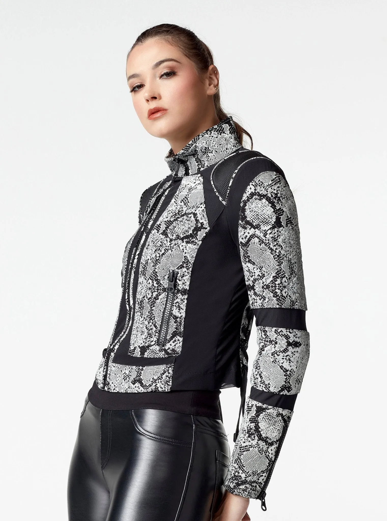 Leather Mesh Snake Moto Jacket Black