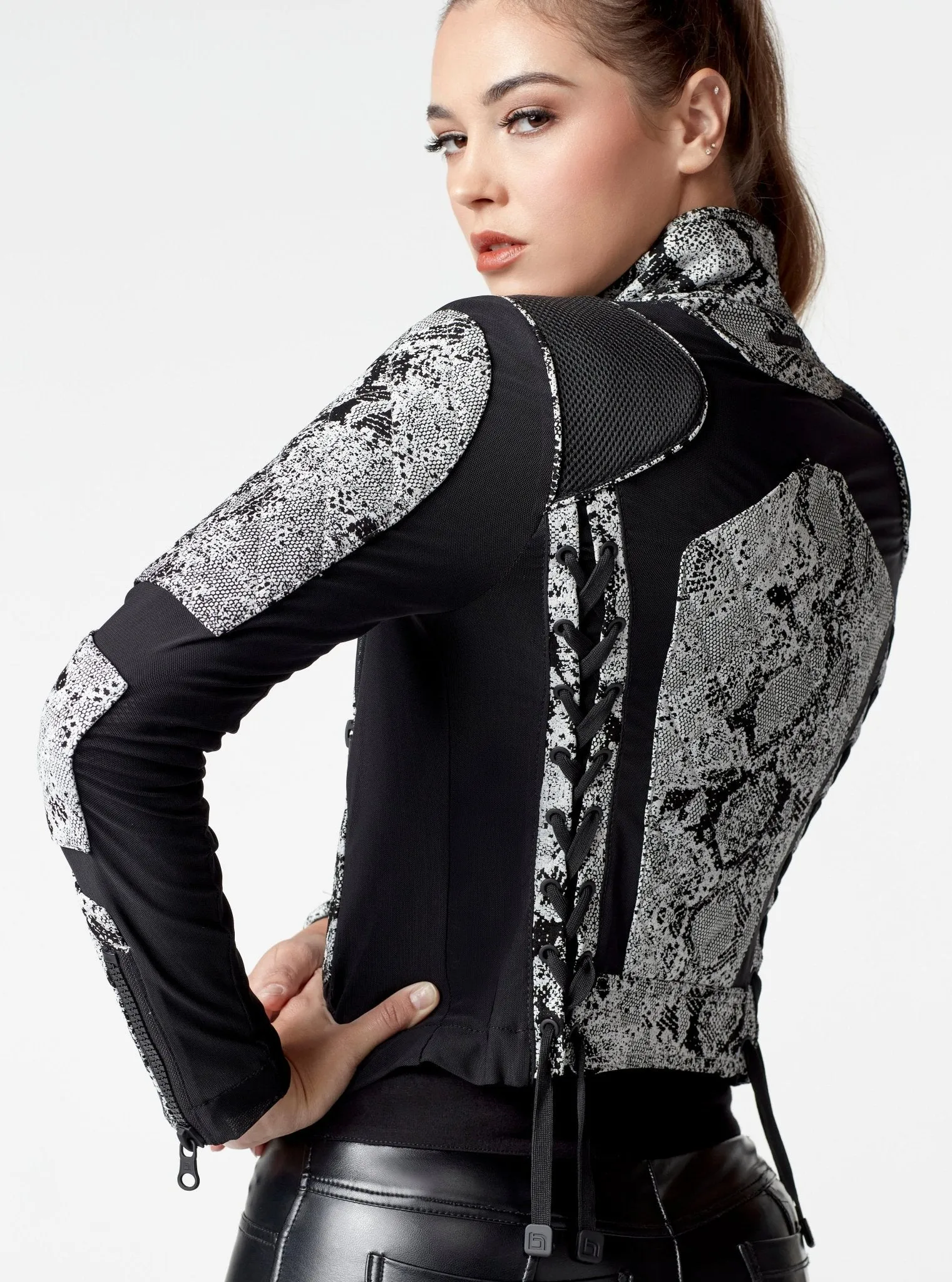 Leather Mesh Snake Moto Jacket Black