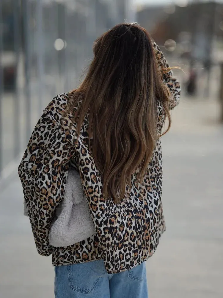 Leopard Print Lace Up Quilted Jacket Women Collarless Long Sleeves Patchwork Pocket Causal Coat Autumn Fashion Street Outerwear
