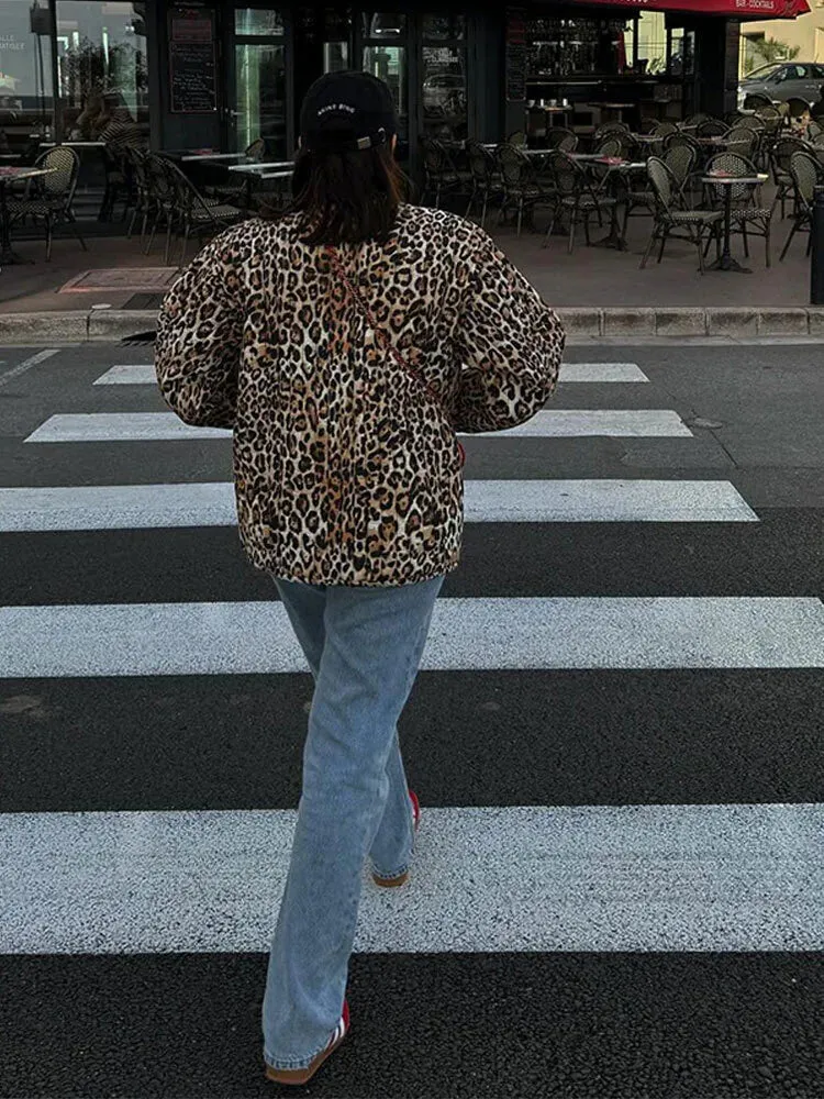 Leopard Print Lace Up Quilted Jacket Women Collarless Long Sleeves Patchwork Pocket Causal Coat Autumn Fashion Street Outerwear