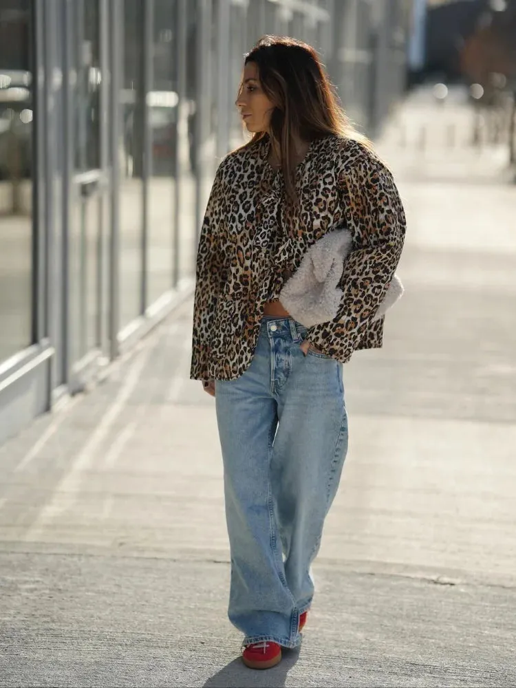 Leopard Print Lace Up Quilted Jacket Women Collarless Long Sleeves Patchwork Pocket Causal Coat Autumn Fashion Street Outerwear