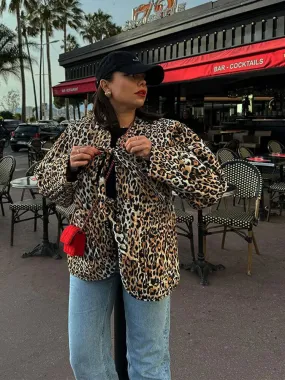 Leopard Print Lace Up Quilted Jacket Women Collarless Long Sleeves Patchwork Pocket Causal Coat Autumn Fashion Street Outerwear