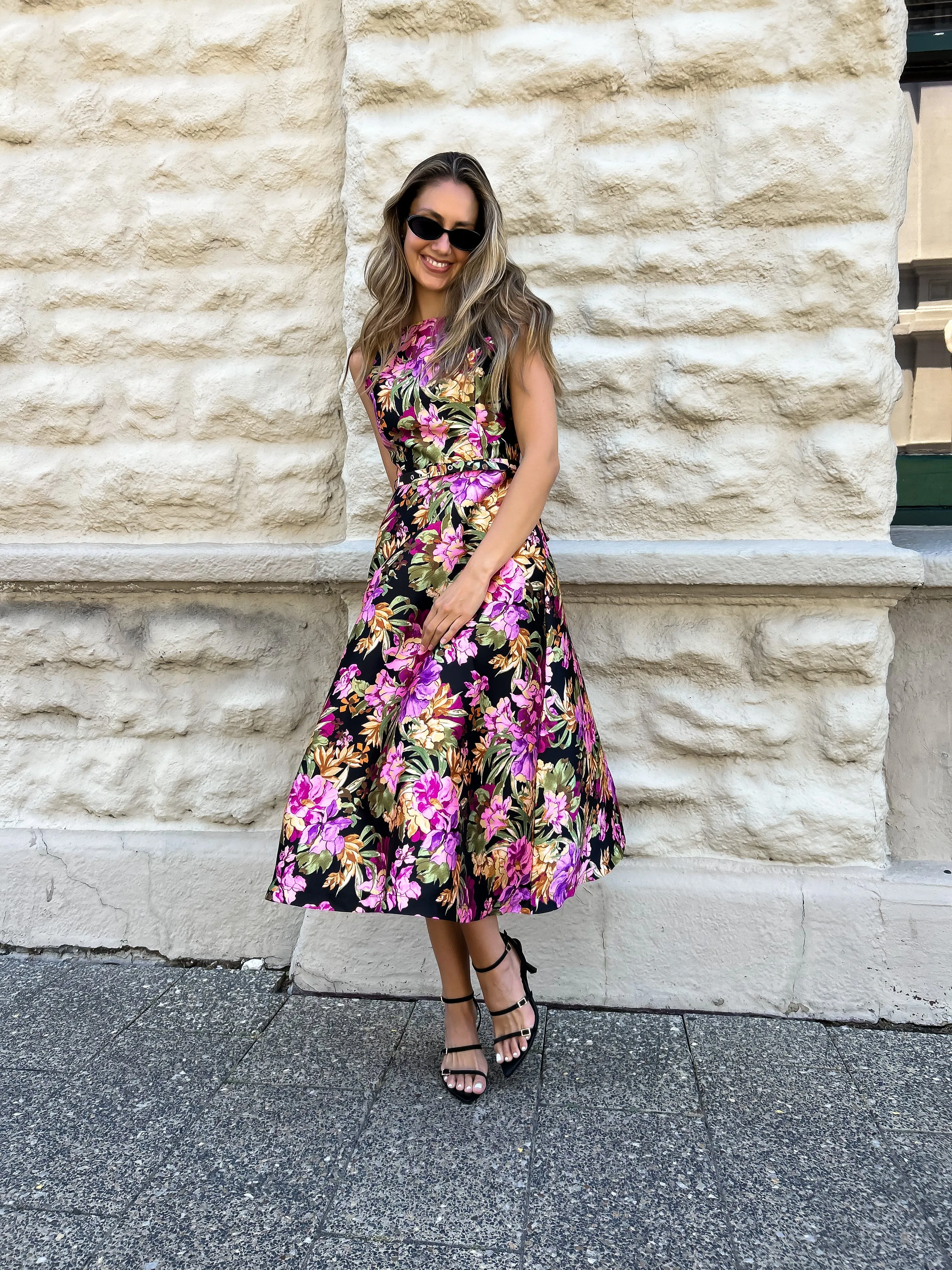 LOUISA Belted Midi Dress - Black Floral