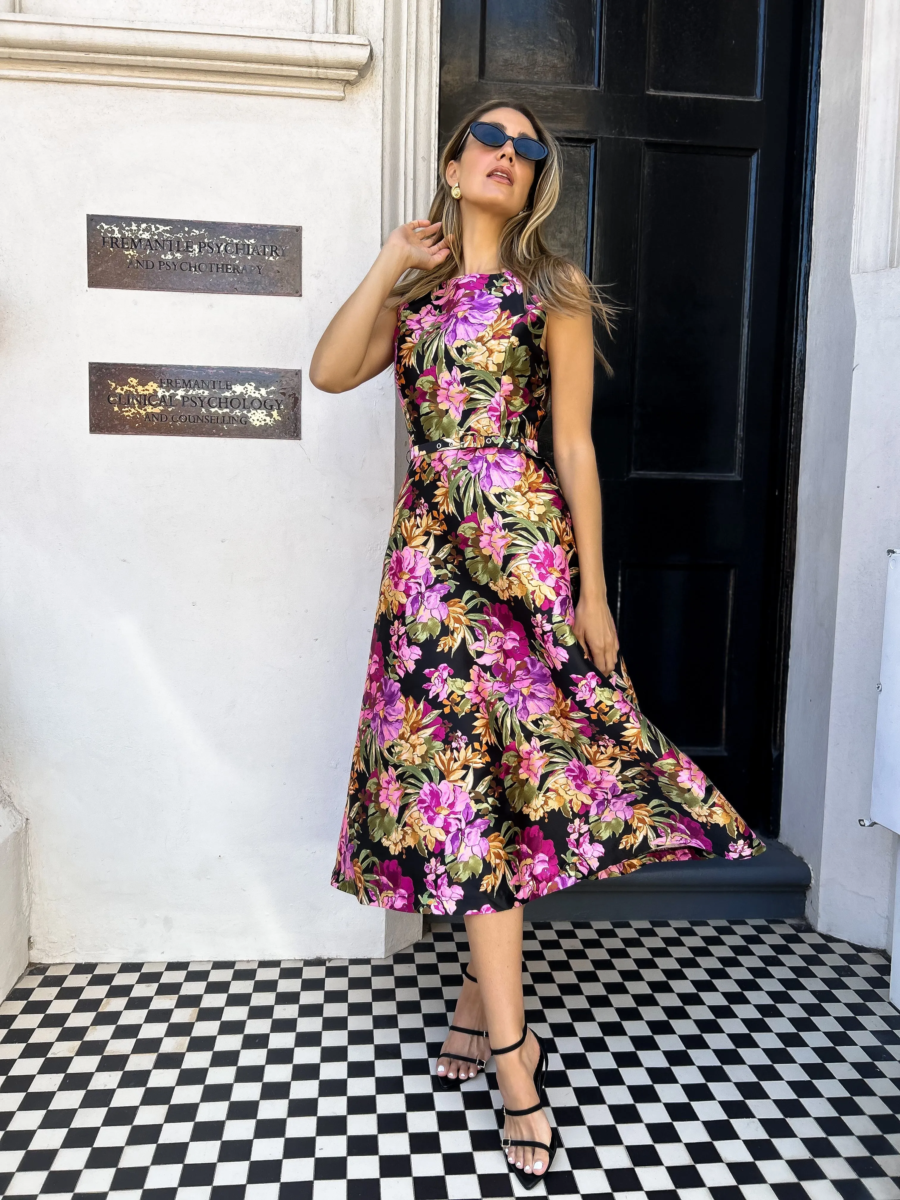 LOUISA Belted Midi Dress - Black Floral
