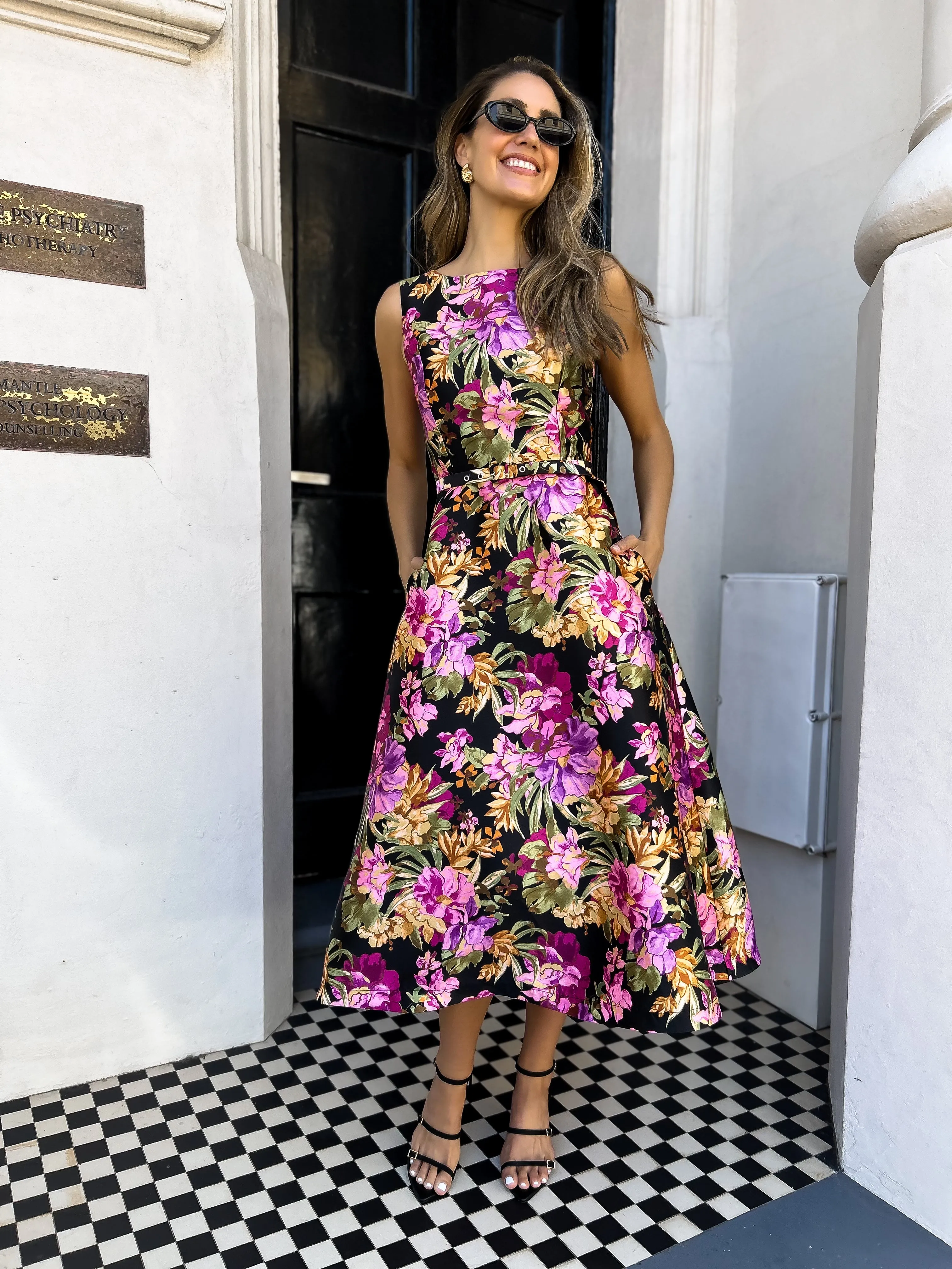 LOUISA Belted Midi Dress - Black Floral