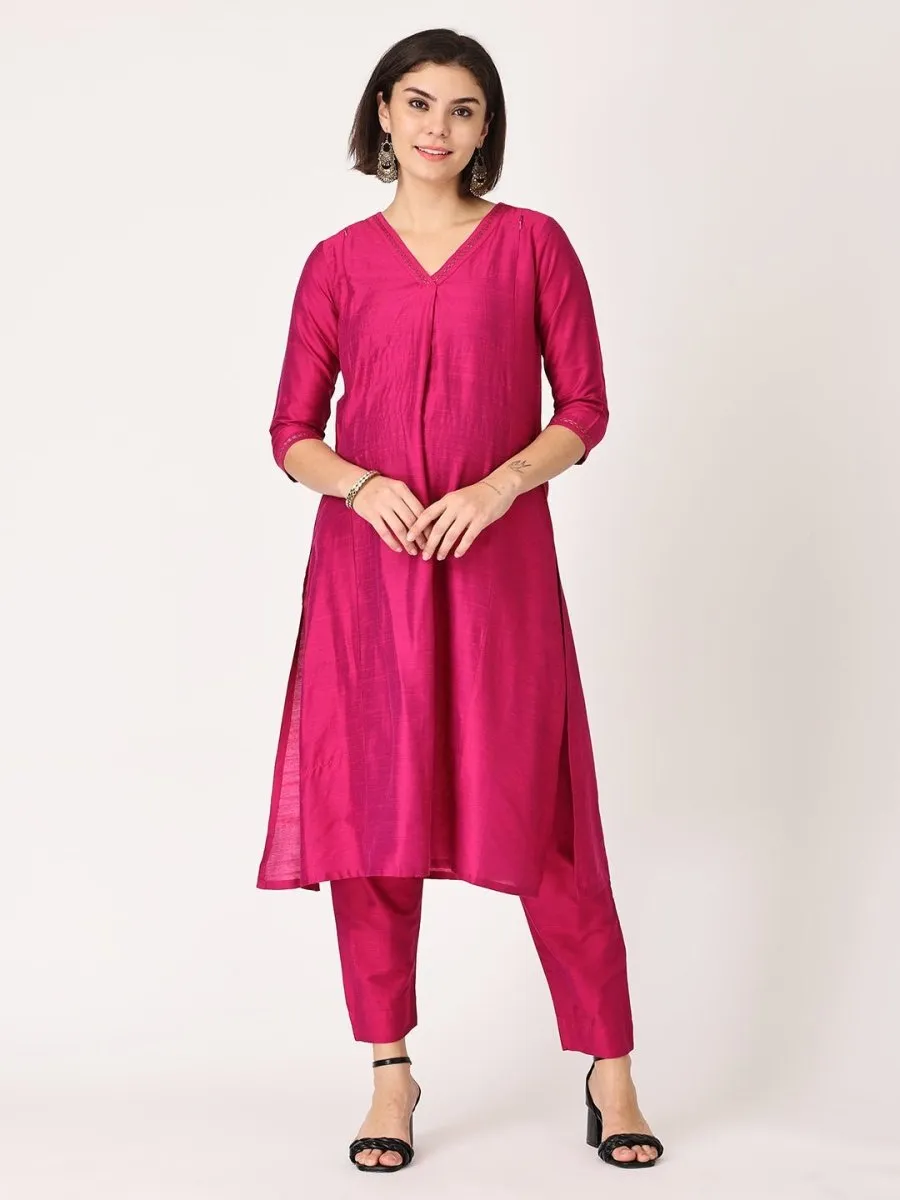Magenta Haze Embroidered Maternity Silk Kurta Set with Nursing