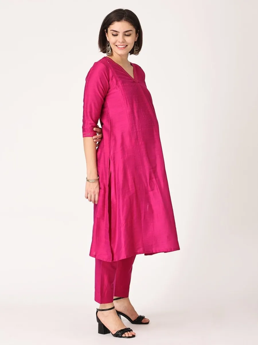 Magenta Haze Embroidered Maternity Silk Kurta Set with Nursing