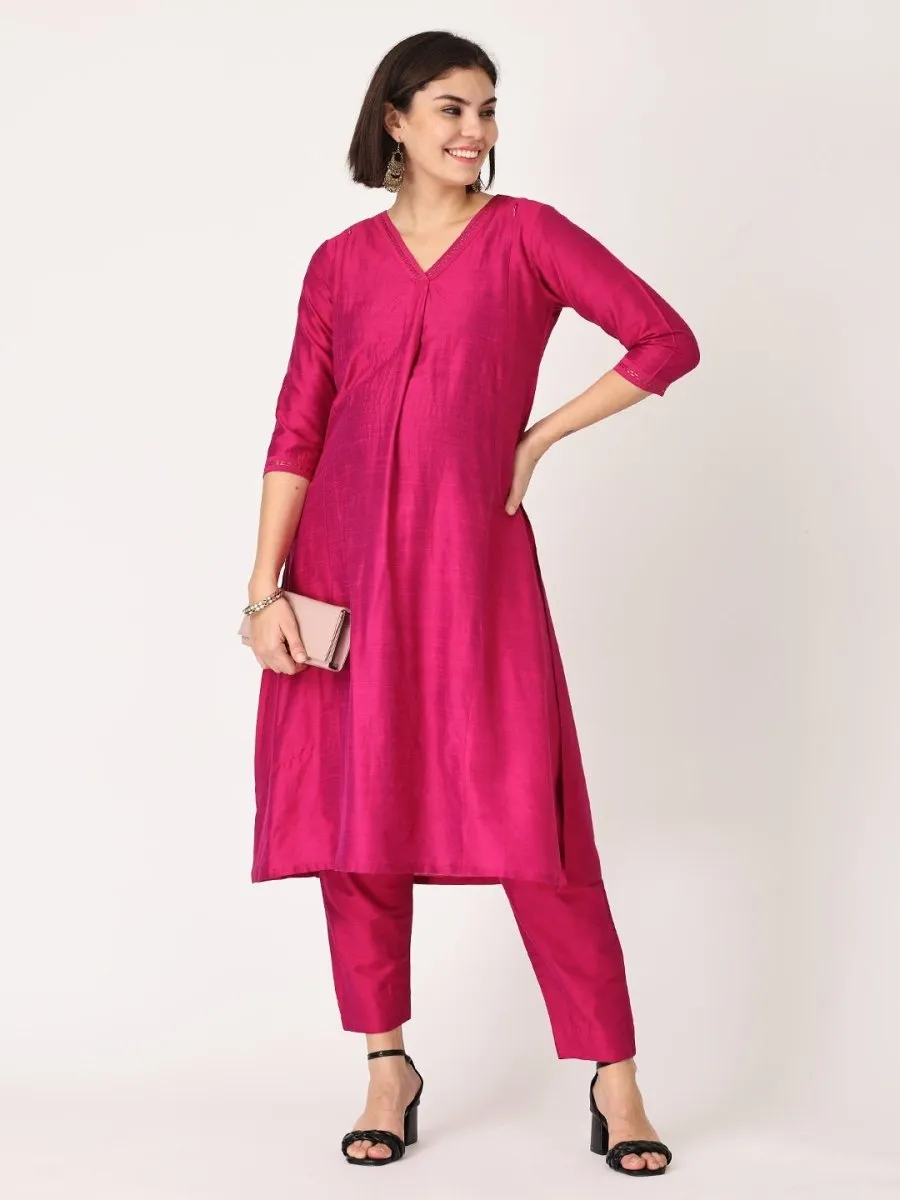 Magenta Haze Embroidered Maternity Silk Kurta Set with Nursing