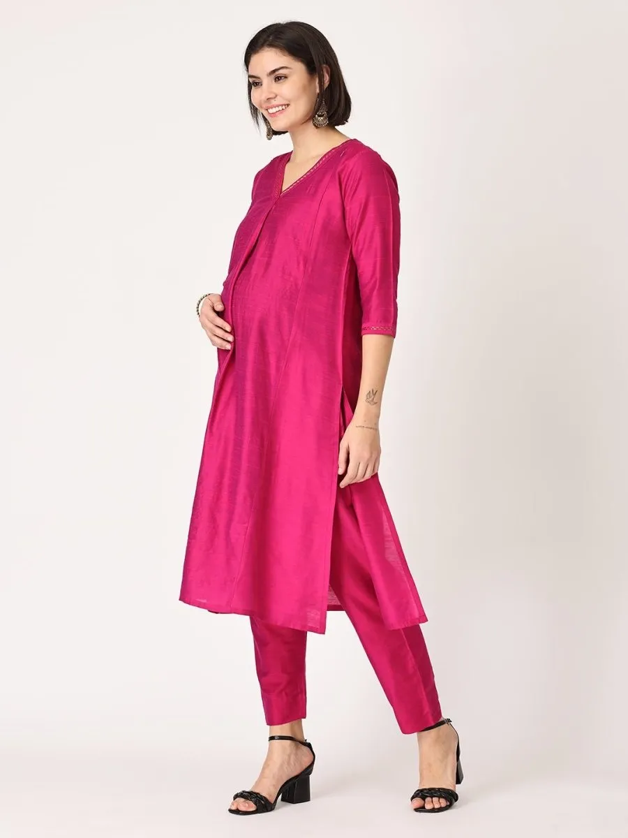 Magenta Haze Embroidered Maternity Silk Kurta Set with Nursing