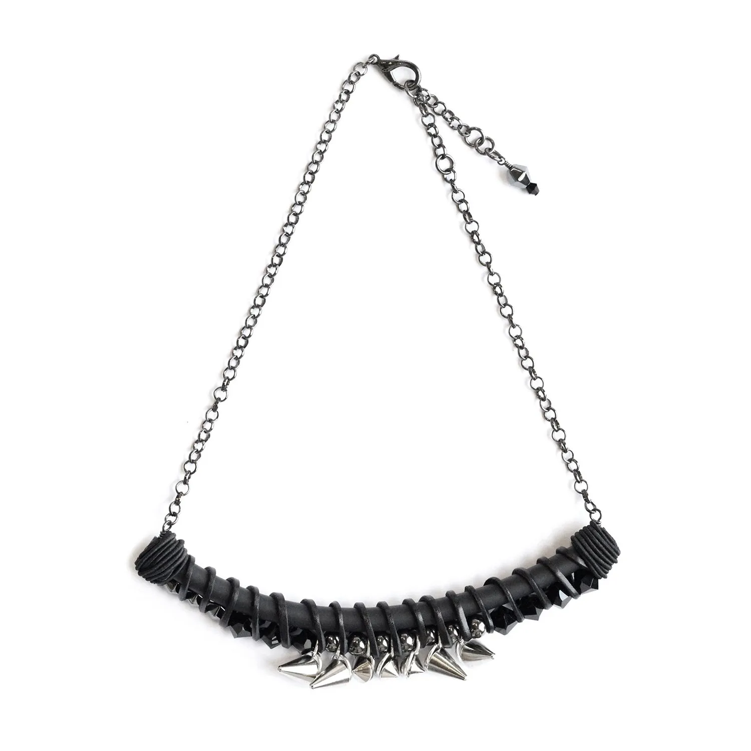 Maria Lau Black Leather Twist Necklace With Stainless Steel Studs
