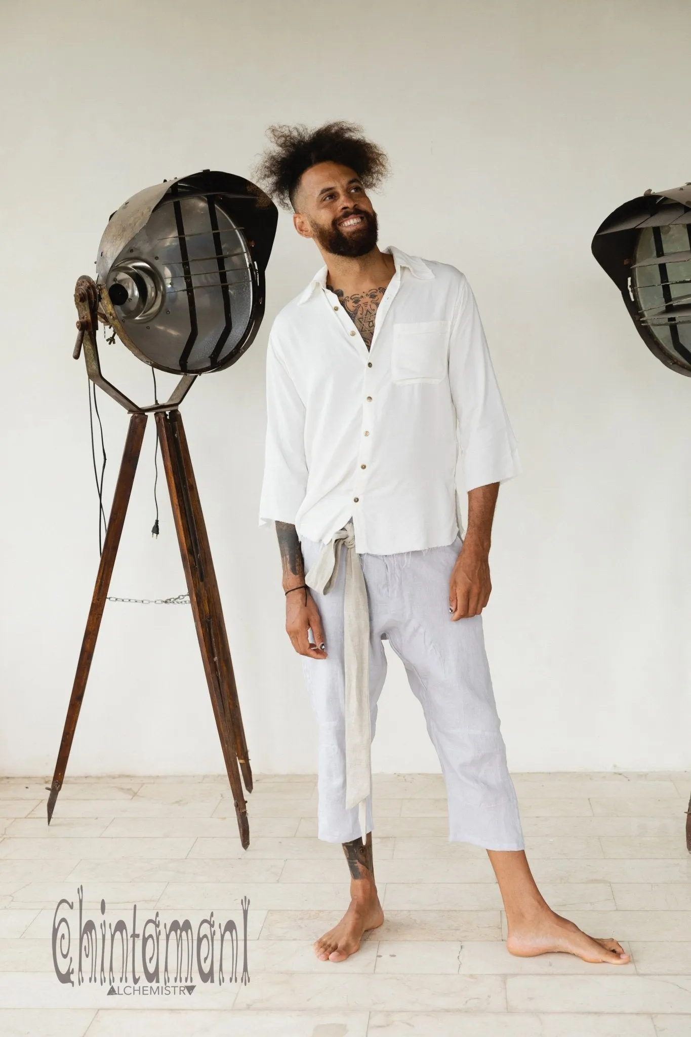 Mens Linen Short Pants 3/4 / Light Gray