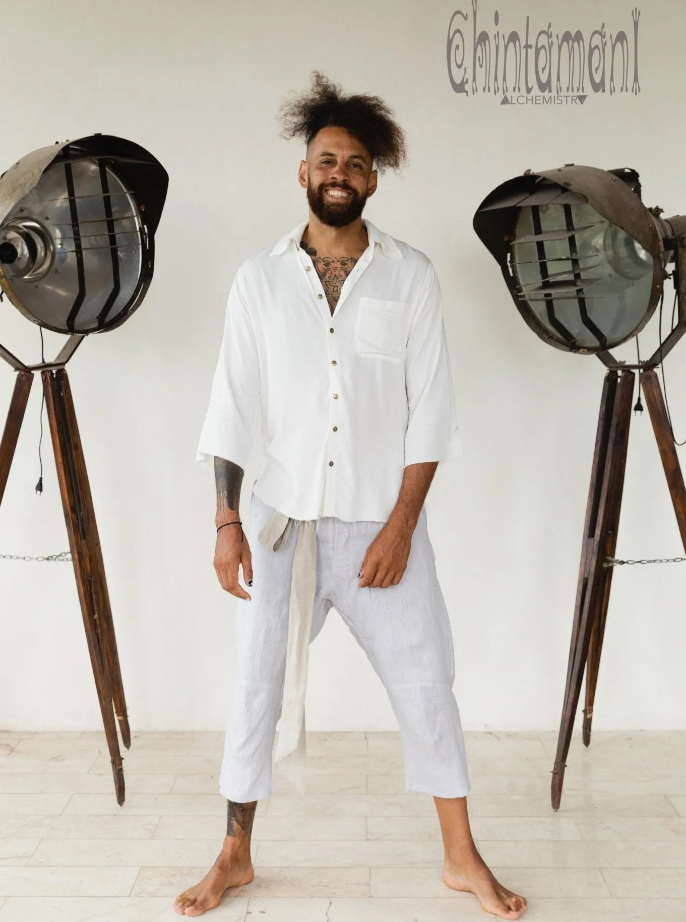 Mens Linen Short Pants 3/4 / Light Gray