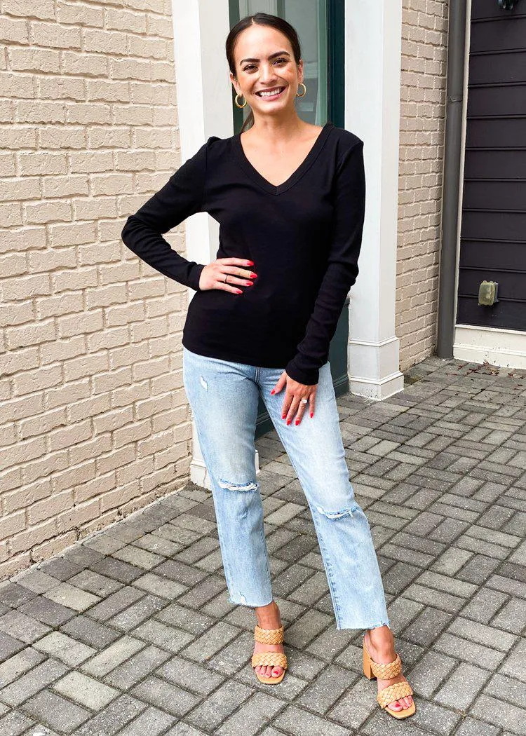 Michael Stars Layla Long Sleeve V Neck Tee-Black ***FINAL SALE***