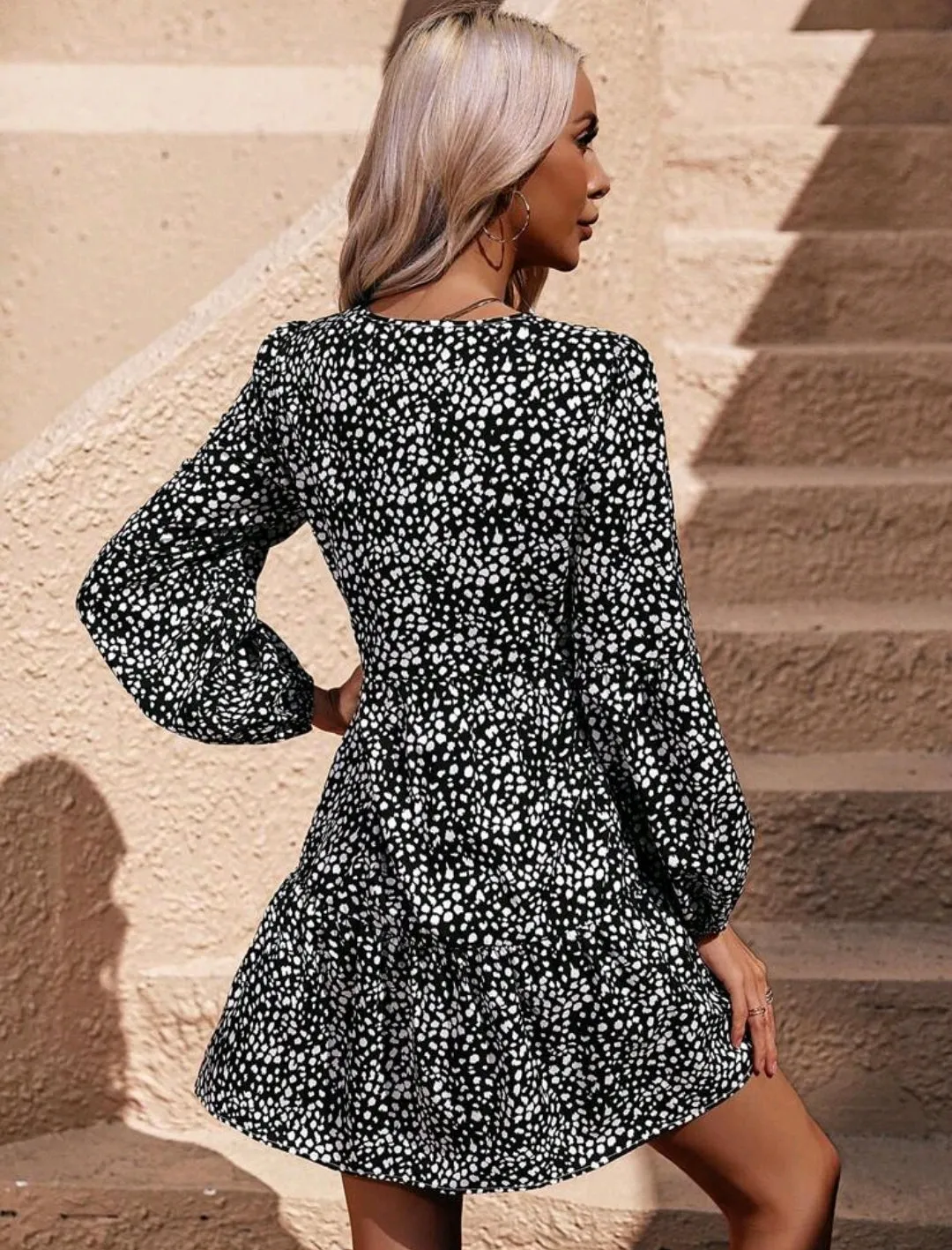 Monochrome Polka Print Lantern Sleeve Dress