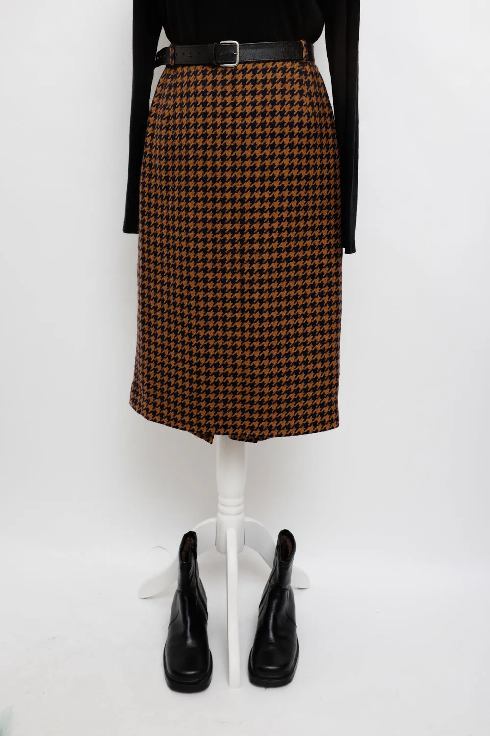 PURE WOOL HOUNDSTOOTH BROWN MIDI SKIRT