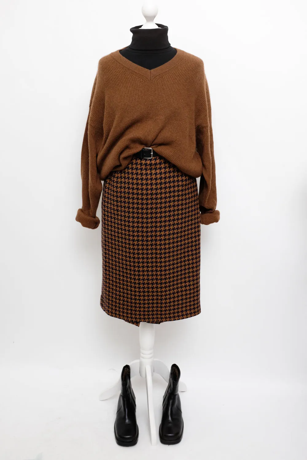 PURE WOOL HOUNDSTOOTH BROWN MIDI SKIRT
