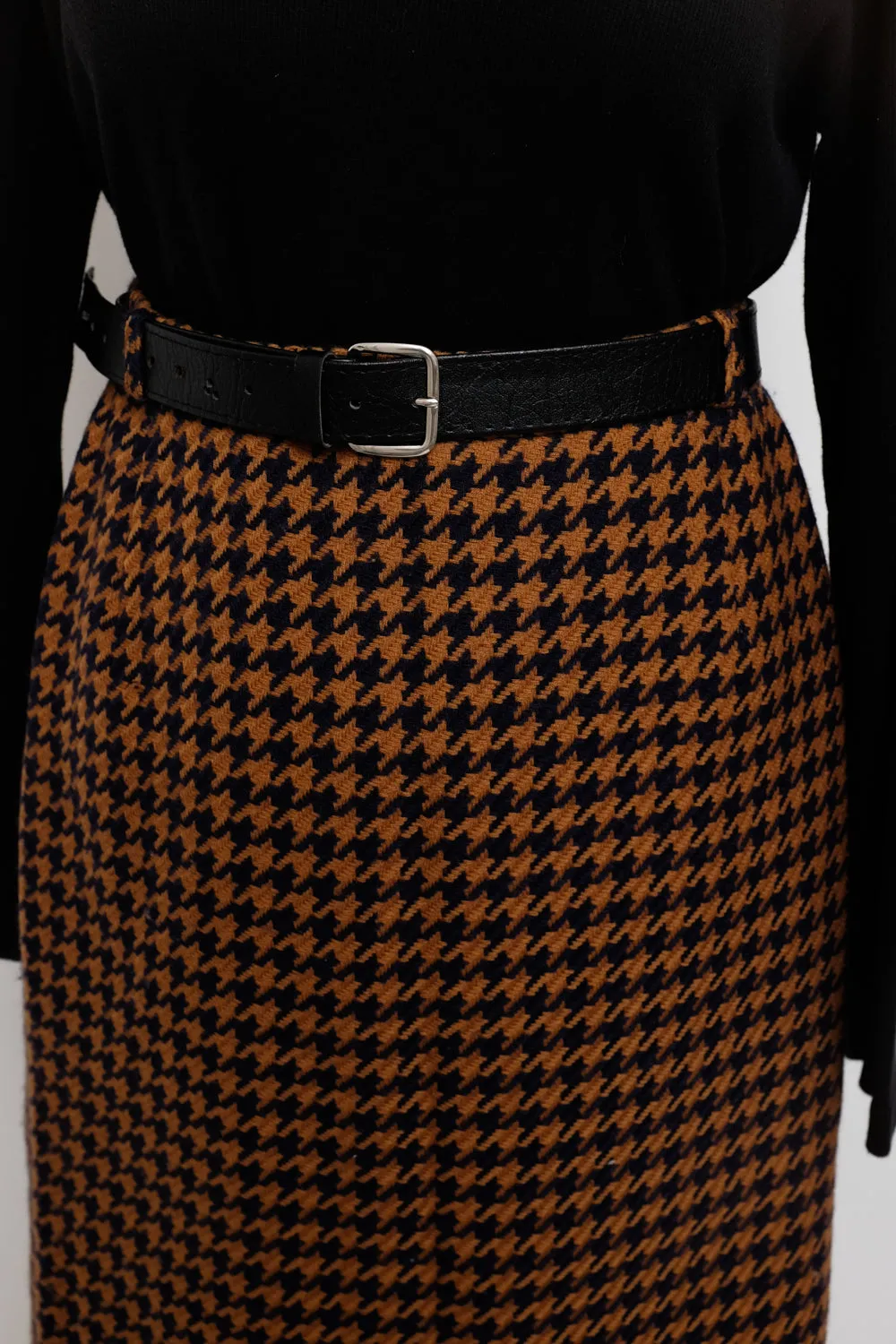 PURE WOOL HOUNDSTOOTH BROWN MIDI SKIRT