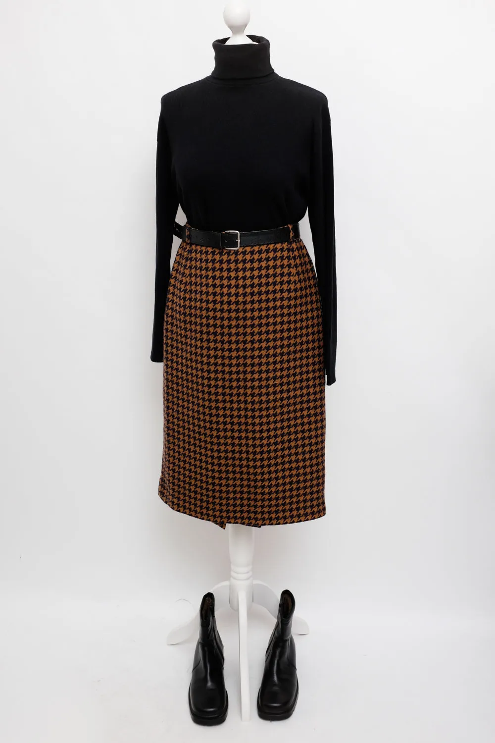 PURE WOOL HOUNDSTOOTH BROWN MIDI SKIRT