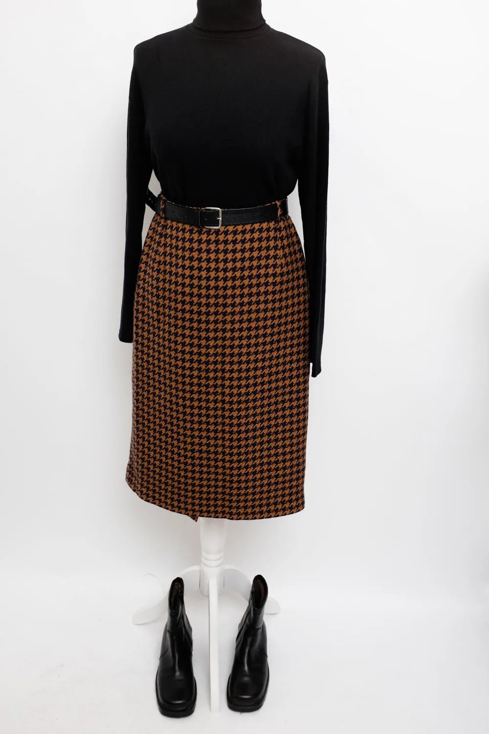 PURE WOOL HOUNDSTOOTH BROWN MIDI SKIRT