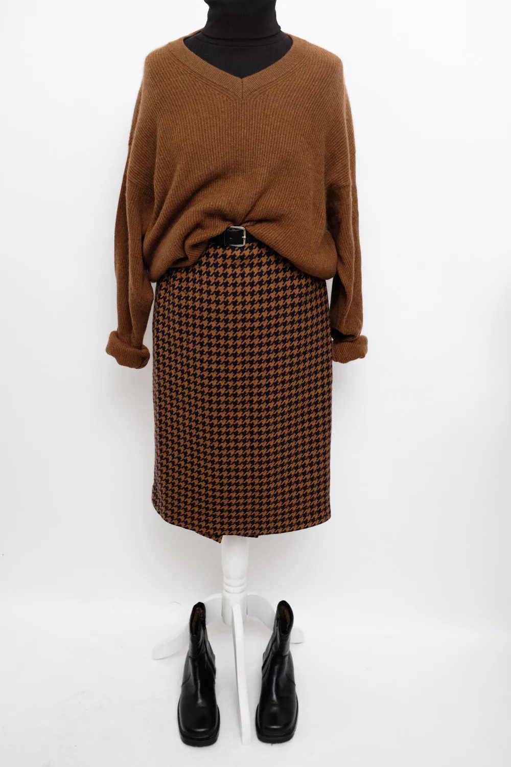 PURE WOOL HOUNDSTOOTH BROWN MIDI SKIRT