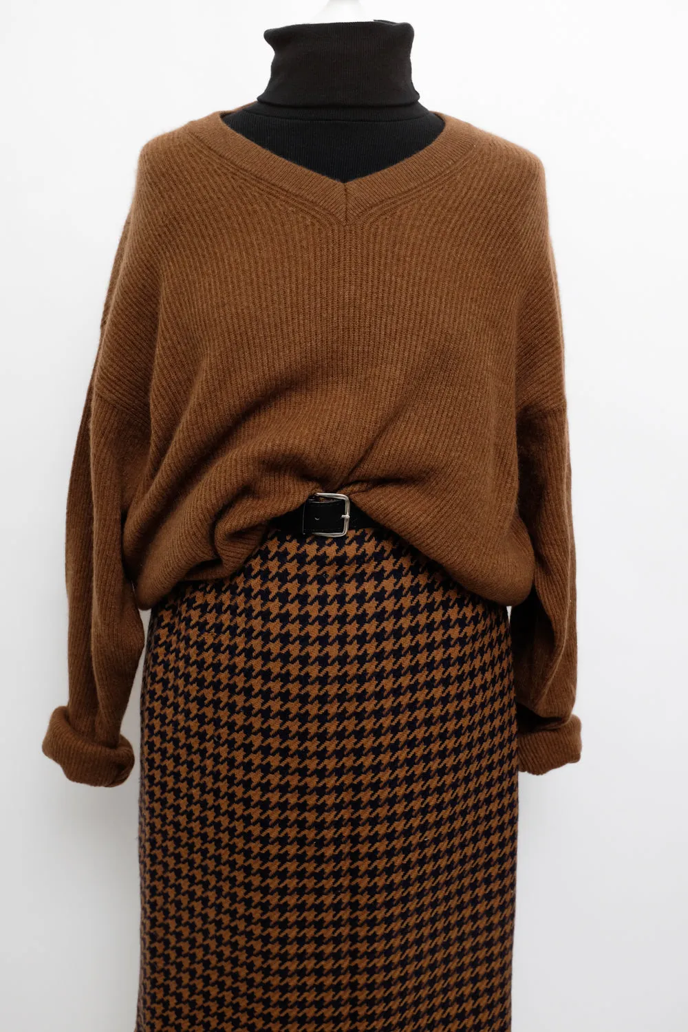 PURE WOOL HOUNDSTOOTH BROWN MIDI SKIRT