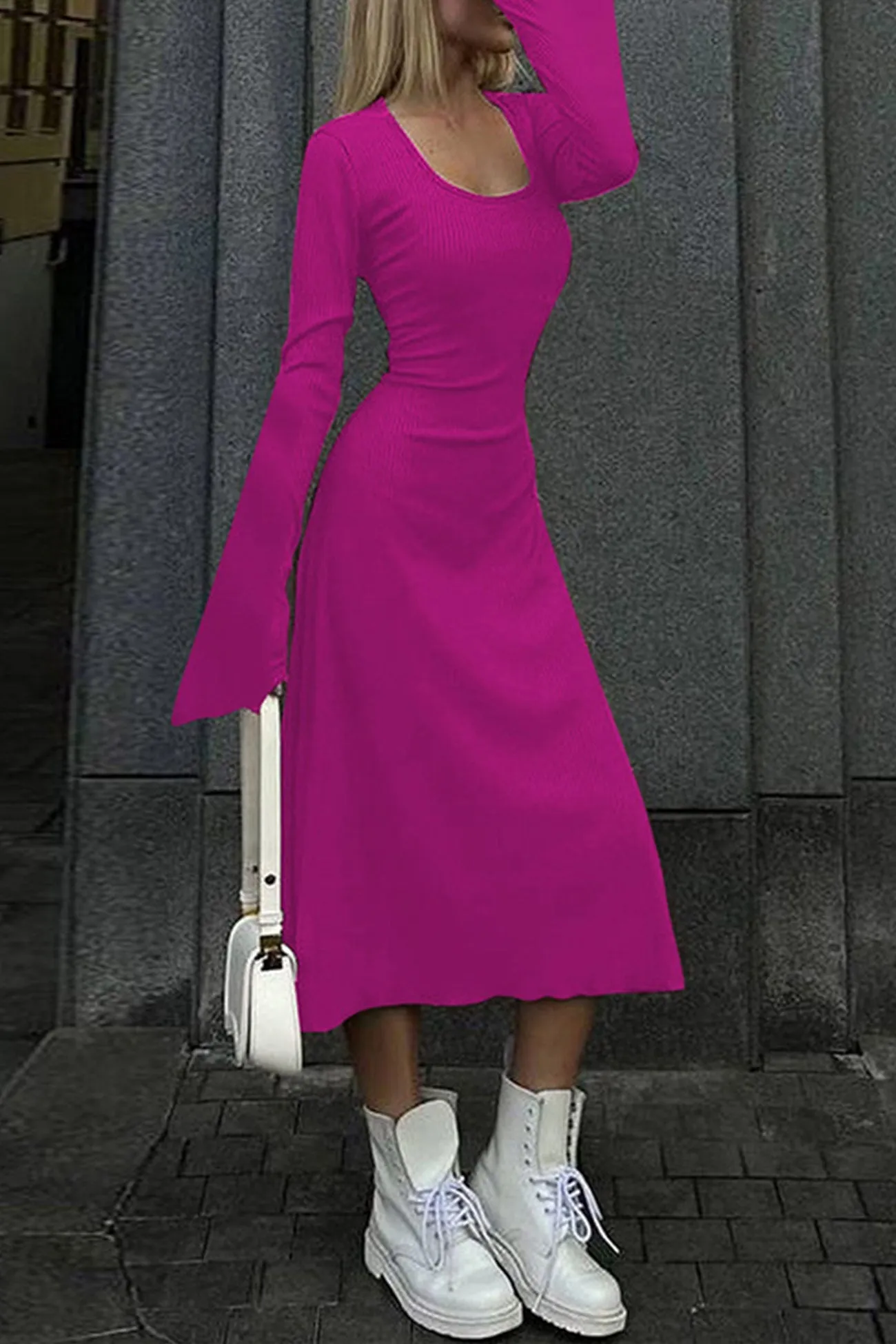 Ribbed Flares Sleeve Tie-back Dress