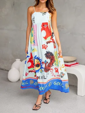 Sleeveless Dress Summer Cartoon Print Tie Back A-Line Party Vacation Beach Streetwear Casual Women Dress
