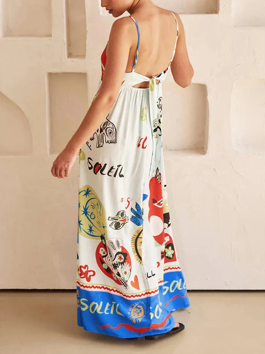 Sleeveless Dress Summer Cartoon Print Tie Back A-Line Party Vacation Beach Streetwear Casual Women Dress