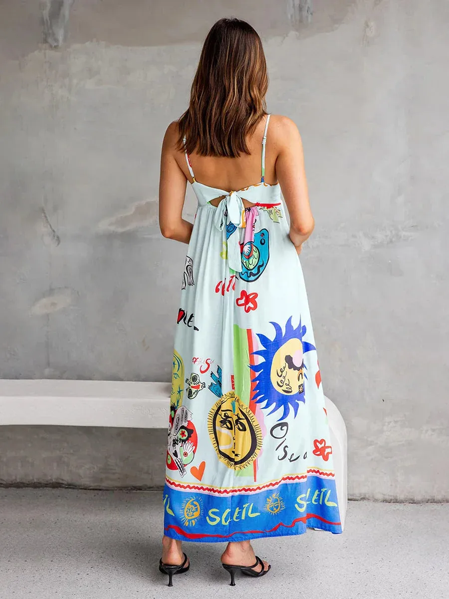 Sleeveless Dress Summer Cartoon Print Tie Back A-Line Party Vacation Beach Streetwear Casual Women Dress