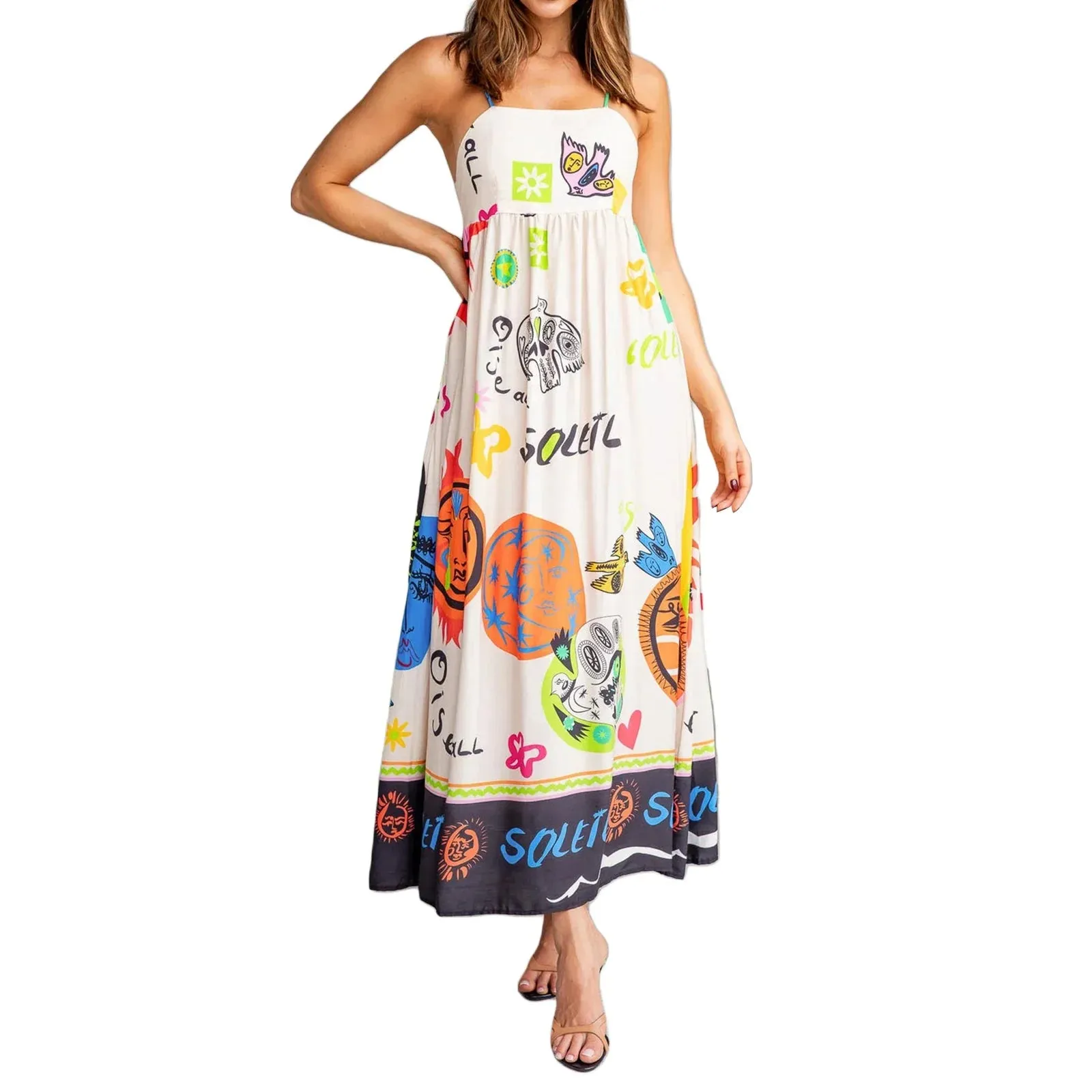 Sleeveless Dress Summer Cartoon Print Tie Back A-Line Party Vacation Beach Streetwear Casual Women Dress