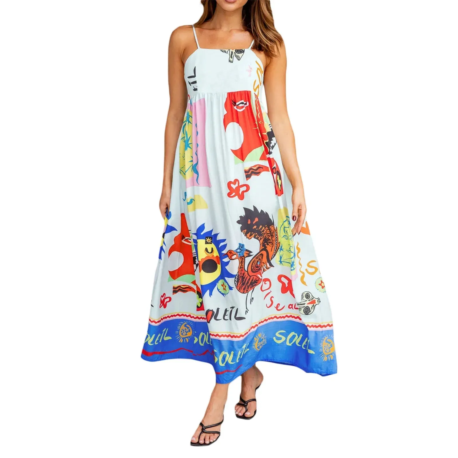 Sleeveless Dress Summer Cartoon Print Tie Back A-Line Party Vacation Beach Streetwear Casual Women Dress