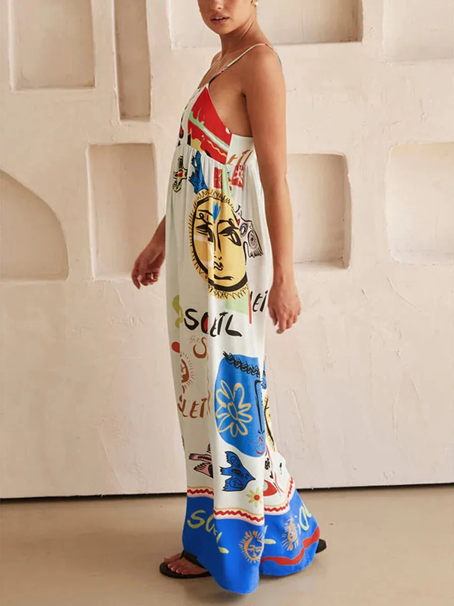 Sleeveless Dress Summer Cartoon Print Tie Back A-Line Party Vacation Beach Streetwear Casual Women Dress