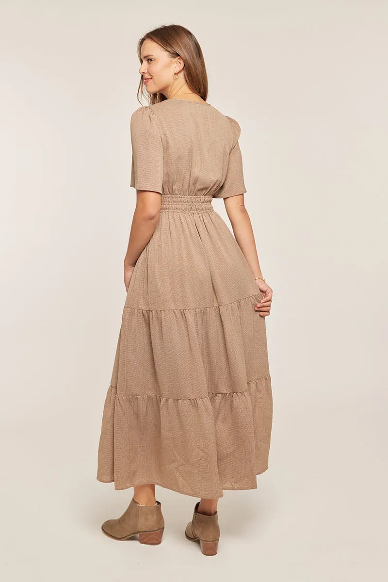 The Demi Printed Tiered Midi Dress in Pale Brown