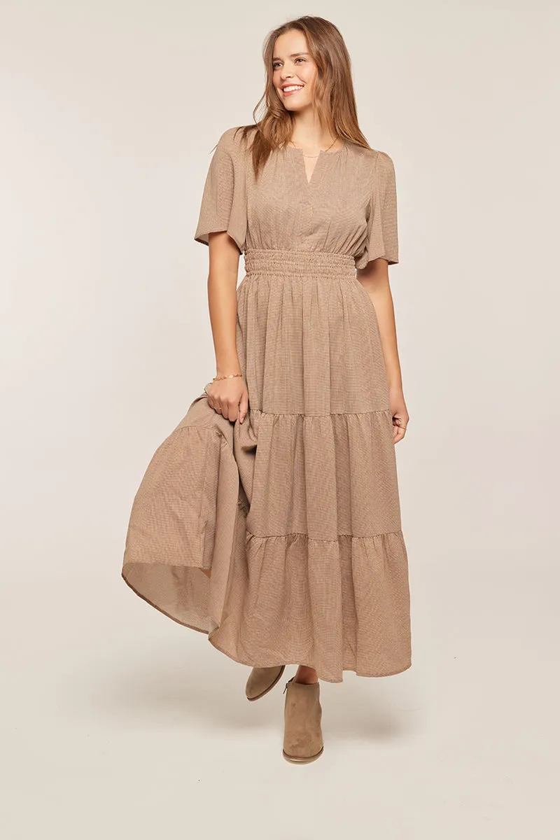 The Demi Printed Tiered Midi Dress in Pale Brown
