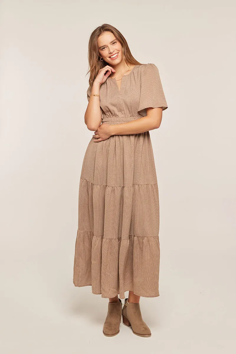 The Demi Printed Tiered Midi Dress in Pale Brown