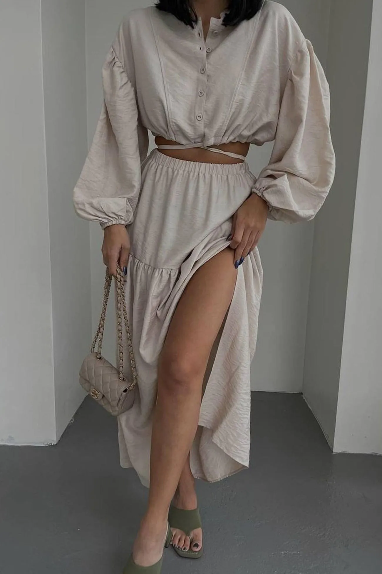Tie-up Crop Top Tiered Midi Skirt Suits