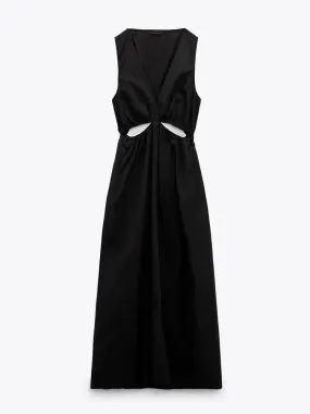 TRAF Women's Chic Party Dresses Y2K Fashion Sexy V-Neck Hollow Design Sleeveless Long Dresses Temperament Streetwear Women's