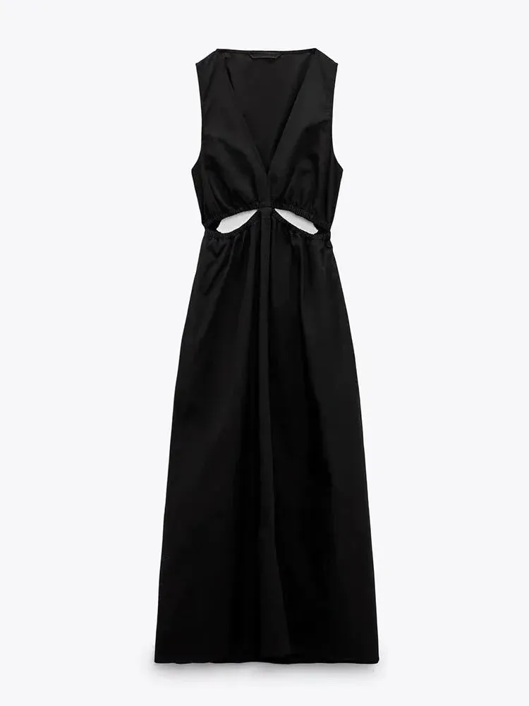 TRAF Women's Chic Party Dresses Y2K Fashion Sexy V-Neck Hollow Design Sleeveless Long Dresses Temperament Streetwear Women's
