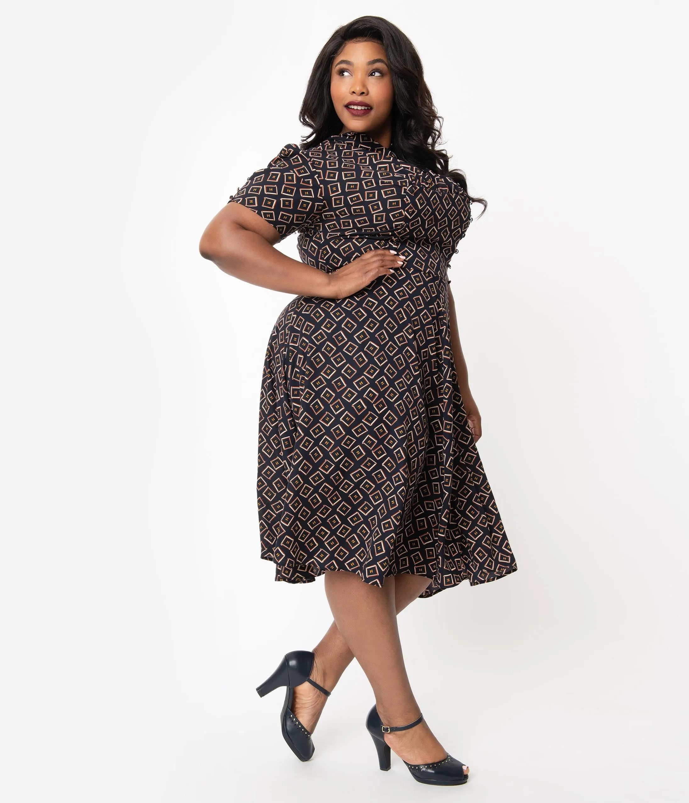 Unique Vintage Plus Size 1940s Style Black Box Print Camilla Midi Dress