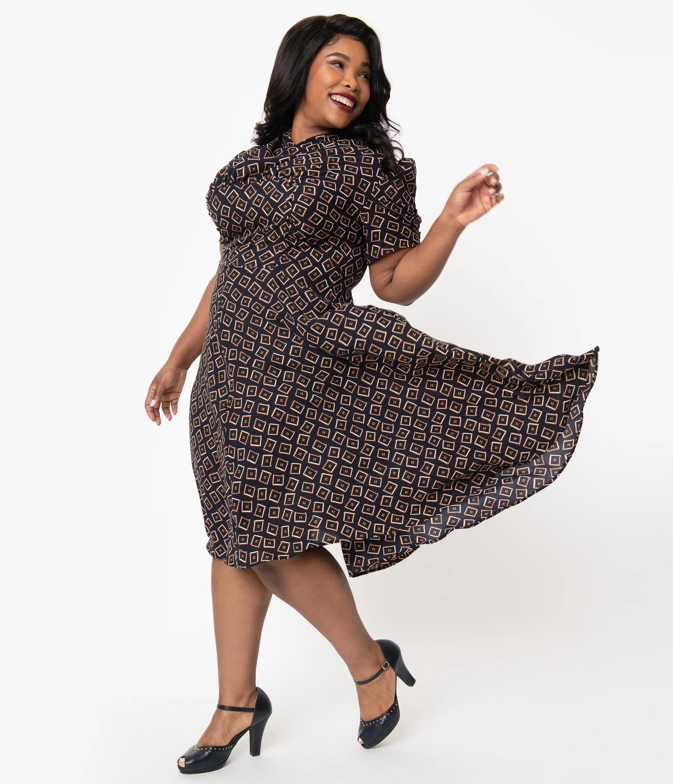 Unique Vintage Plus Size 1940s Style Black Box Print Camilla Midi Dress